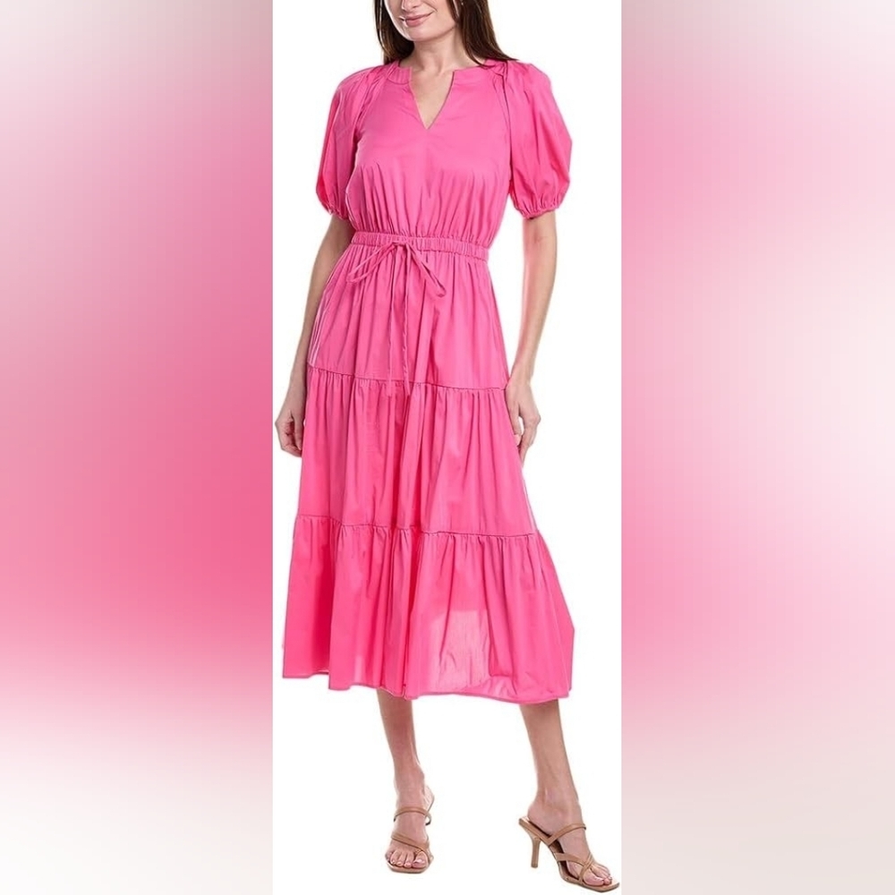 NWT Anne Klein Womens  Poplin Tiered Puff Sleeve Midi Dress